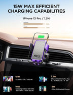 Wireless Car Charger, Phone Holders for Your Car, 15W Auto Clamping Phone Mount Car Accessories for iPhone 16 15 14 13 12 Mini Pro Max, Samsung Galaxy S24 Ultra S23 S22+ Note 20, etc - Purple