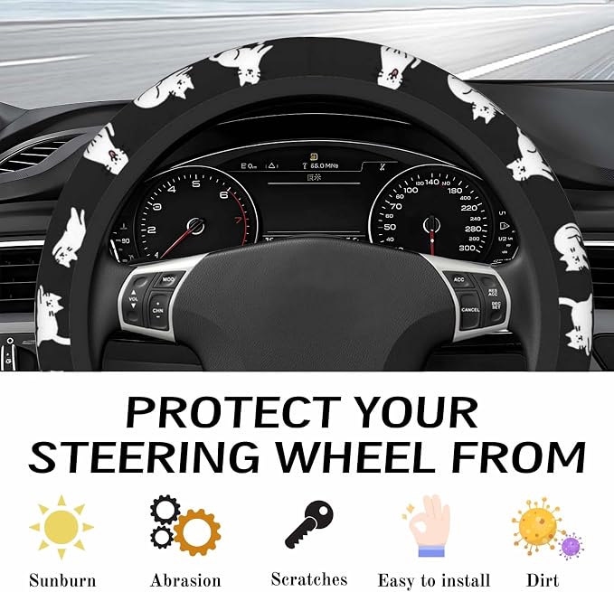 Steering Wheel Cover Accessories Neoprene Cover, Breathable Non-Slip Easy to Install Suitable for Women Men, 14.5-15.5 Inch for Car SUV Van Truck Universal - Lazy Kitten