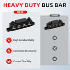 12V Bus Bar 250A Power Distribution Block Marine Busbar with 4 x M10 (3/8") Terminal Studs & 3 x #8 Screws Positive Negative for Automotive Boat RV Solar