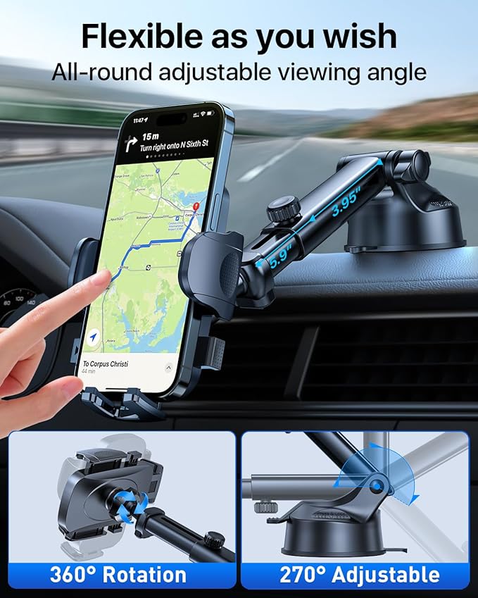 HTU Car Phone Holder【2026 Upgraded 100+LBS Suction & Safety Cert】 Cell Phone Car Mount for Truck Heavy Duty Phone Holder for Dashboard/Windshield/Vent for iPhone 17 16 Pro Max, Sapphire Blue