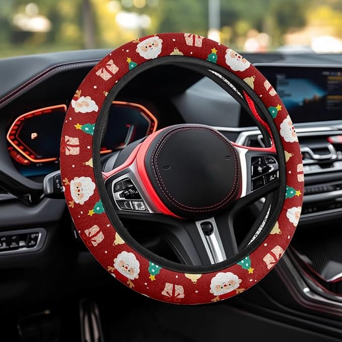 Auto Steering Wheel Covers Anti-Slip Safety Stretch-on 14-15 inch | Santa Claus Red Print, Sweat Absorbing Non-slip, Steering Wheel Protection Case, Machine Washable Elastic Flexible