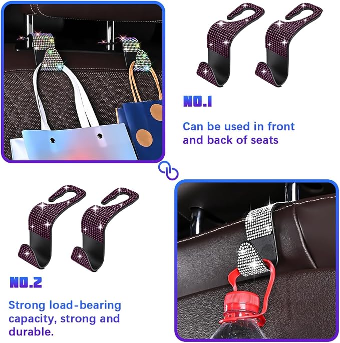 Bling Car Seat Headrest Hooks, 4PCS Crystal Rhinestone Vehicle Back Seat Hanger Holder for Handbags Purses Coats, Automotive Headrest Storage Organizer, Universal for RV SUV Truck (Purple)