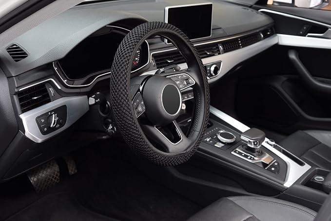Elastic Stretch Steering Wheel Cover,Warm in Winter and Cool in Summer, Universal 15 inch, Microfiber Breathable Ice Silk, Anti-Slip, Odorless, Easy Carry,Black
