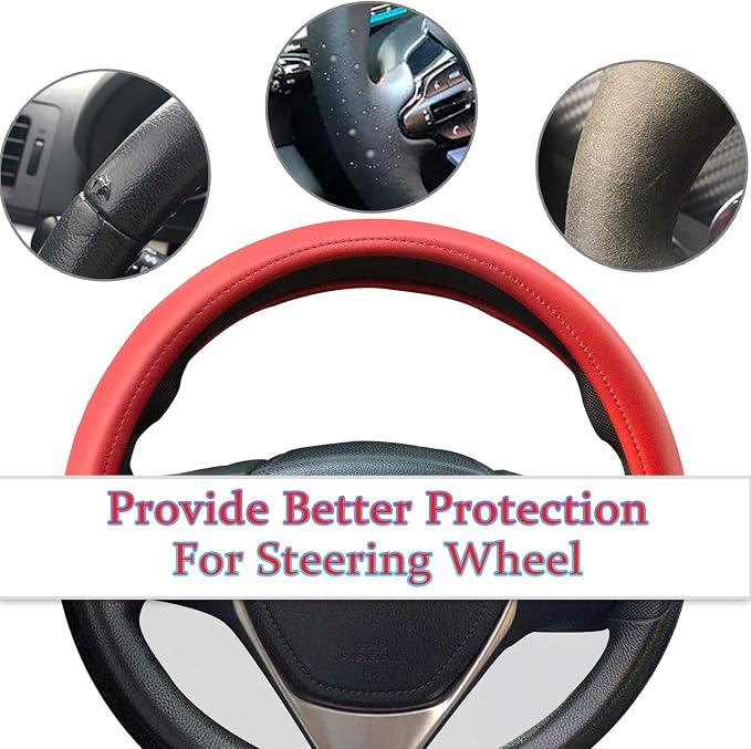 Red Leather Steering Wheel Cover, Comfortable and Soft Solid Color Universal Steering Wheel Cover 15 inch, Suitable for Most Cars (Red) Valentine's Day