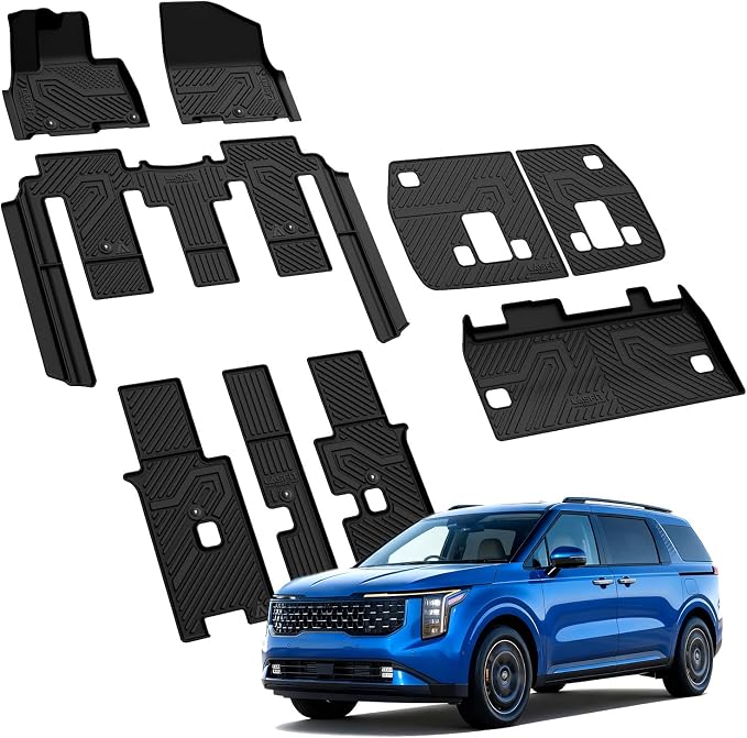 Floor Mats & Backrest Mats & Cargo Mat for Kia Carnival 2026 2025 2024 2023 2022 (Only Fit Gas & 8 Seats), All Weather TPE Custom Fit Floor Liners Full Set Car Mats Trunk Mat Accessories, Black