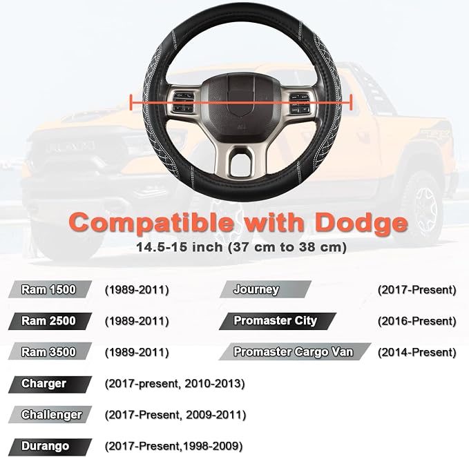 Customized Auto Car Steering Wheel Cover for Dodge 1989-2011 RAM 1500 2500 3500, Charger, Durango, Challenger(Diamond Quilted-Black+Gray-Standard Size)