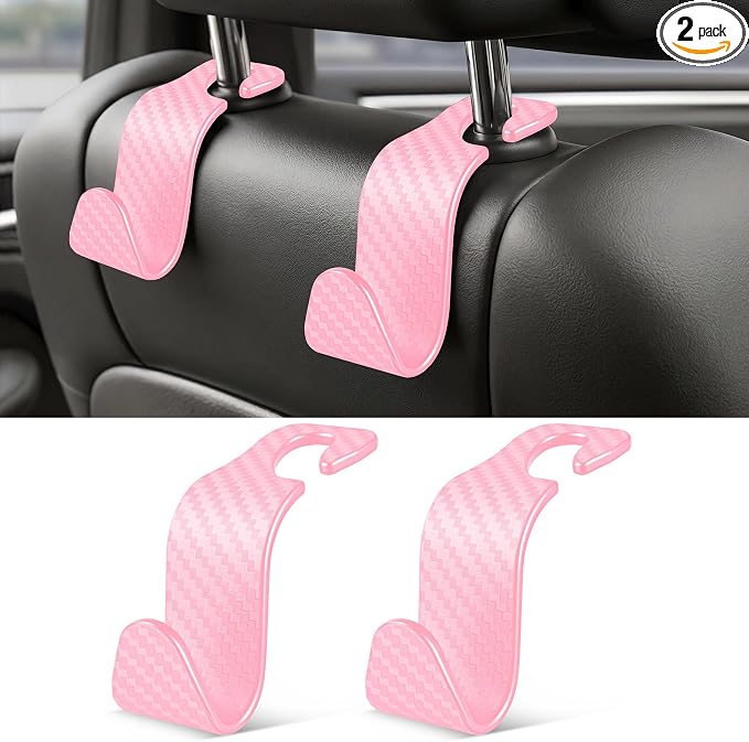 Universal 2 Pack Car Seat Headrest Purse Hook, Carbon Fiber Back Seat Hook Storage Organizer Hanger for Purse Handbag Coat, Car Interior Accessories(Pink)