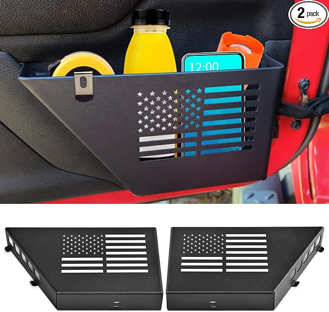 Metal Storage Boxes Compatible with 2007-2018 Jeep Wrangler JK JKU 2/4 Door, 2 Pack Front Door Side Insert Organizer Pockets for Jeep Saggy Net Replacement(Black)