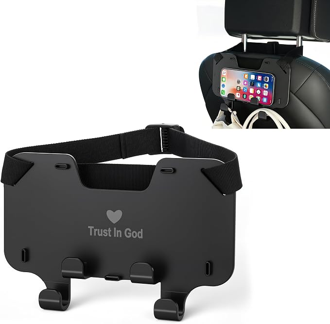 Adjustable Car Seat Headrest Hooks, Universal Fit for All Headrest Styles, Purse Hook with Phone Holder, Car Purse Hooks for Bags, Multifunctional Car Organizers and Storage