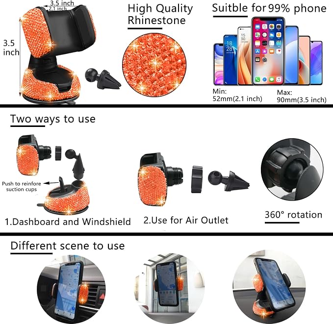 27 PCs Orange Bling Car Accessories Set for Women, Steering Wheel Covers Universal Fit 15 Inch, Bling License Plate Frame, Bling Phone Holder, Bling Car Coasters (Orange Diamond)