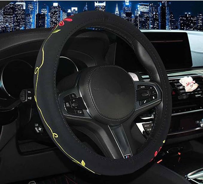 Cute Car Steering Wheel Cover with Embroidery Pattern for Women Girls, Short Flannel, Universal 15 inch (C#)