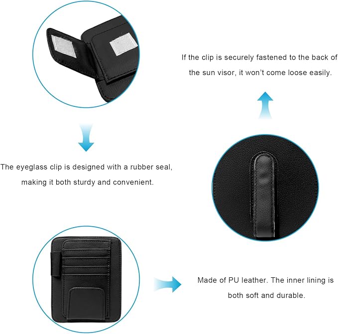 Car Sun Visor Organizer, Leather Auto Visor Card Holder with Sunglasses Clip, Multifunctional Sunvisor Storage Pouch Vehicle Interior Pocket for Driving License Pen Ticket (Black)