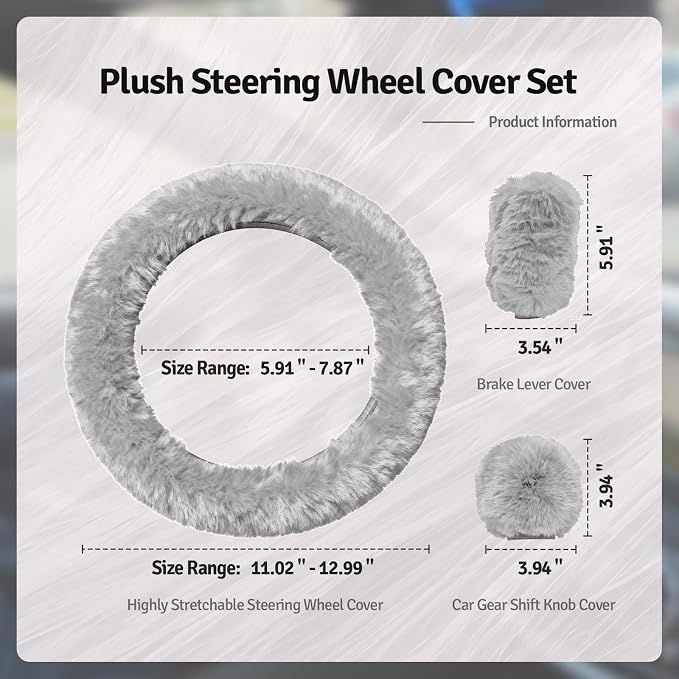 Fluffy Steering Wheel Cover 3PCS Set – Plush Fuzzy Fur Steering Wheel Cover with Gear Shift Cover & Handbrake Cover, Winter Warm Car Accessories, Car Interior Accessories for Women (Gray)