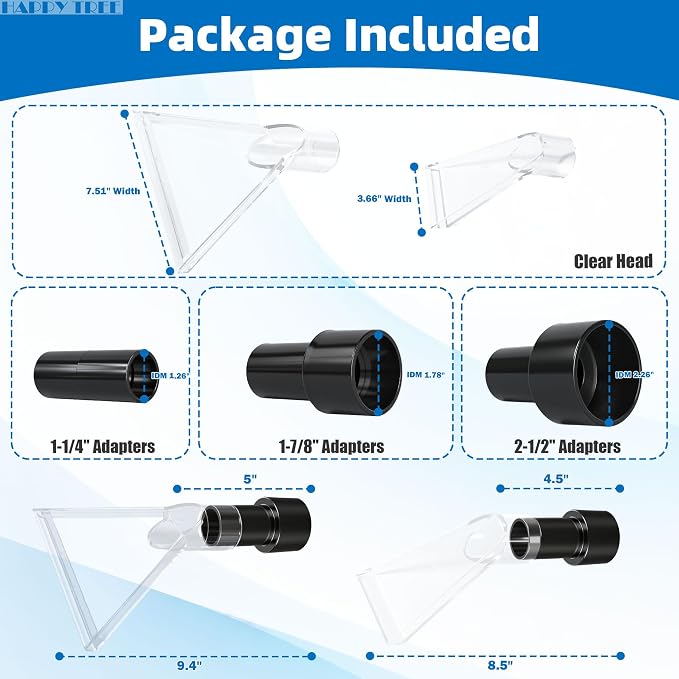 Universal Fits All Shop Vacs with 2-1/2"& 1-7/8" & 1-1/4" Adapters Large 7-1/2"& Small 3-1/2" Clear Head for Upholstery/Carpet Cleaning, Shop Vac Extractor Attachment