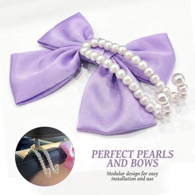 2 PCS Bow Pearl Car Seat Headrest Hook – Cute Purse Hook for Car, Girly Interior Decoration Accessories Hook Hanger, Seatback Holder for Purses & Bags, Elegant Car Organizer (Lavender Purple)