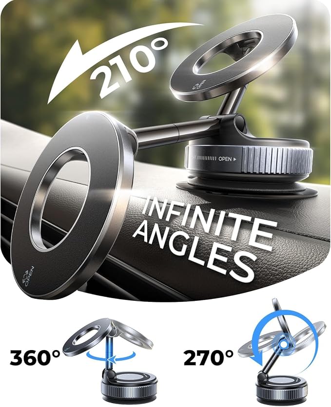 2026 Upgraded for MagSafe Vacuum Car Phone Mount, 2800gf Strong Magnetic Phone Holders for Your Car, 360° Adjustable 98LBS Suction Cup Car Mount, Car & Truck Accessory for iPhone 12–17 Pro Max
