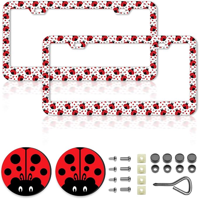 Ladybug License Plate Frames，Ladybug Car Accessories for Women and Men ，Cute License Plate，Aluminum License Plate Frame Fits Standard US Vehicles Size 12.2 x 6 Inch (White-Ladybug)