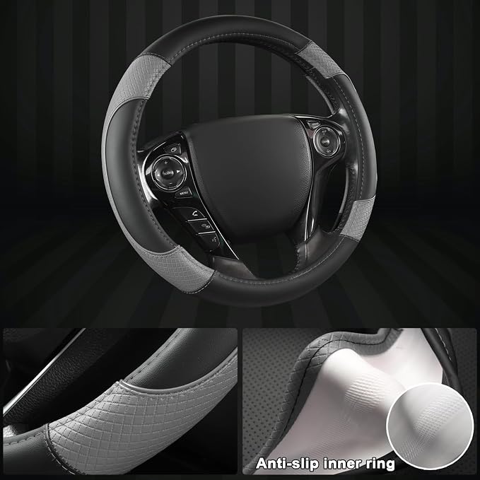Steering Wheel Cover for Honda Civic(2006-2015),CR-Z, Insight, S2000 (Gray+Black-Small Size)