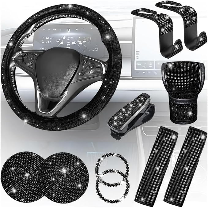 11PCS/Set Bling Car Accessories Set for Women, Rhinestone Vehicle Steering Wheel Cover Seat Belt Cushion Gear Shift Protector Cup Holder Coaster, Universal Automotive Accessories (Black)