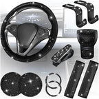 11PCS/Set Bling Car Accessories Set for Women, Rhinestone Vehicle Steering Wheel Cover Seat Belt Cushion Gear Shift Protector Cup Holder Coaster, Universal Automotive Accessories (Black)