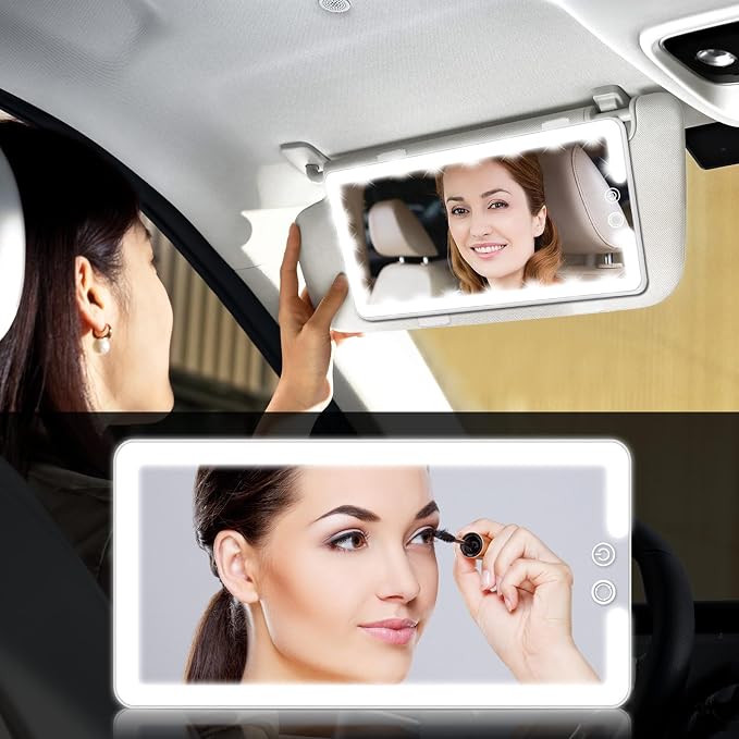 Car Visor Vanity Mirror with Light, Rechargeable Dimmable Touch LED Sun Visor Mirrors, Large Detachable Vanity Makeup Mirror with 3 Color Modes for Truck SUV Car Accessories Essential for Women(White)
