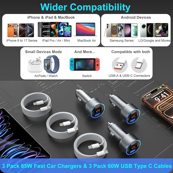 4-Port 65W Fast Car Charger USB C for iPhone 17/16/15/14/13 Pro Max, 3 Pack Dual 12V USB-A&C Car Phone Charger Cigarette Lighter Adapter for Galaxy A16/S25/S24/S23 Ultra+6FT USB-C Cable