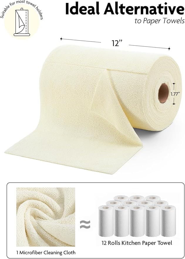 Microfiber Cleaning Cloth Roll- 75 Sheets, 12" x 12" (Beige) | Super Absorbent, Lint-free, Tear-away Microfiber Towel Roll, for All-Purpose Cleaning, Reusable Alternative to Paper Towels