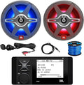 Marine Bluetooth AM/FM Radio Stereo LCD Digital Media Receiver Bundle Combo with 2X 6.5 225W Max Boat RGB LED Speakers, 50 Feet 16-Gauge Speaker Wire, 22" Antenna, USB/AUX Mount - OEM Replacement
