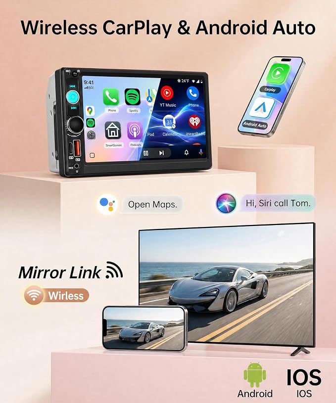 7 Inch Double Din Car Stereo, Wireless CarPlay Android Auto, 2 Din Touch Screen Radio, Bluetooth Stereo, AHD Backup Camera, Mirror Link, FM EQ SWC, Type-C USB Fast Charging, Online Video Playback