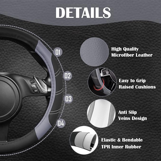 Line Rider Microfiber Leather Sporty Steering Wheel Cover Universal Fits for 95% Truck,SUV,Cars,14.5-15inch Anti-Slip Safety Comfortable Desgin (Black-Gray)
