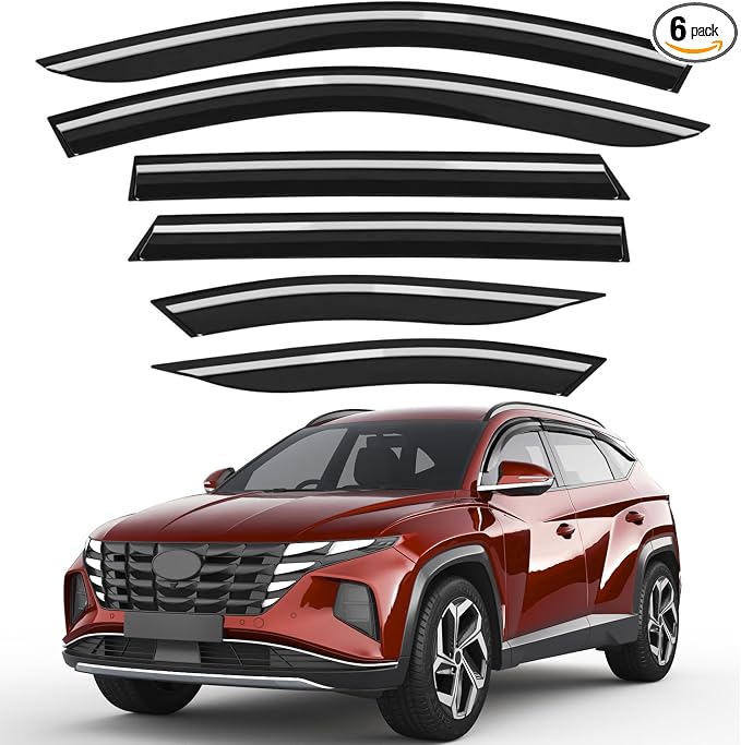 6pcs Outside-Mount Window Rain Guards Fit for Hyundai Tucson 2022-2026, Extra Durable Window Visors Wind Deflector Dark Smoke Vent Shades Car Tape-on 6-pcs with Thicker