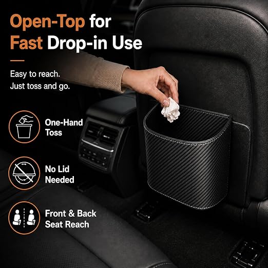 Leather Car Trash Can – Leakproof & Easy-to-Clean Car Garbage Can for Luxury Cars, SUVs & Trucks | Includes 60 Custom Liners, Secure Hook, Easy Install, Carbon Fiber