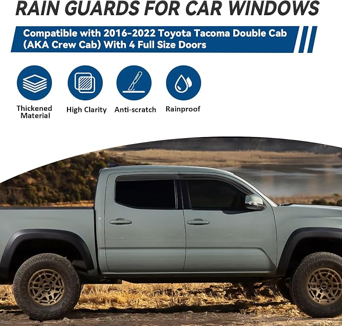 4pcs Front+Rear Smoke Tint Sun/Rain Guard Outside Mount Tape-On Vent Window Visors Compatible with 16-22 Tacoma Double/Crew Cab with 4 Full Size Doors