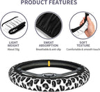 Grey Leopard Print Steering Wheel Cover 15 Inch Grey Cheetah Steering Wheel Cover Anti-Slip Breathable Universal 2 Pcs Car Interior Cup Holder Pad for Men Women