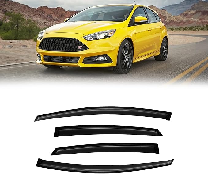 Rain Guards for 2012-2018 Ford Focus Sedan & Hatchback (Not fit rs), Out-Channel Window Visor Shields Vent Deflector Shade Wind Dark Smoke 2013 2014 2015 2016 2017 12 13 14 15 16, Outside-Mount, 4PCS