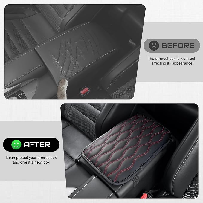 Car Center Console Cover, Upgraded Leather Car Armrest Cushion, Universal Waterproof Cushion Pad, Non-Slip Car Interior Accessories, Fits Most Sedans SUVs Trucks (Red Line)