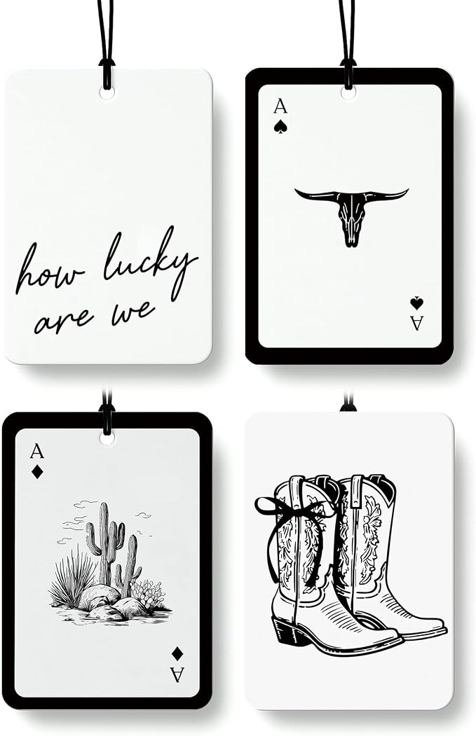 Black and White Western Car Air Freshener 4 Pcs, Preppy Cow Skull Cactus Cowgirls Boots Hanging Air Freshener for Cars Closet Drawer Books, Western Car Accessories Mirror Decor for Women Men