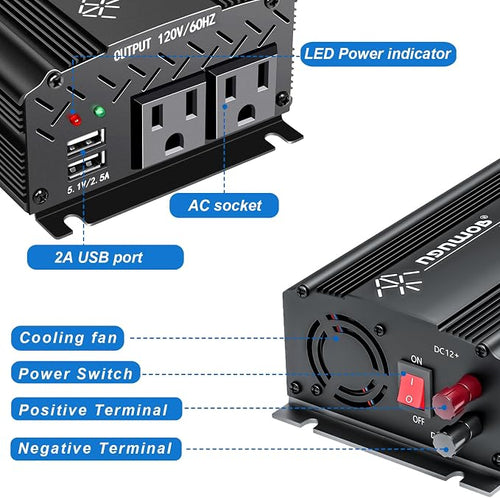 12V Inverter 750W Inverter 12V to 110V or Cars Trucks semi Trucks Various Vehicles with 2 AC Power outlets 2USB Ports