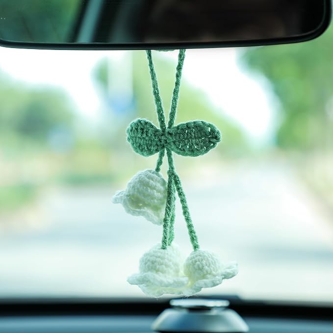 Lily Flower Handmade Knitted Car Mirror Hanging Accessories, Rear Riew Mirror Accessories Car Decorations for Women Men