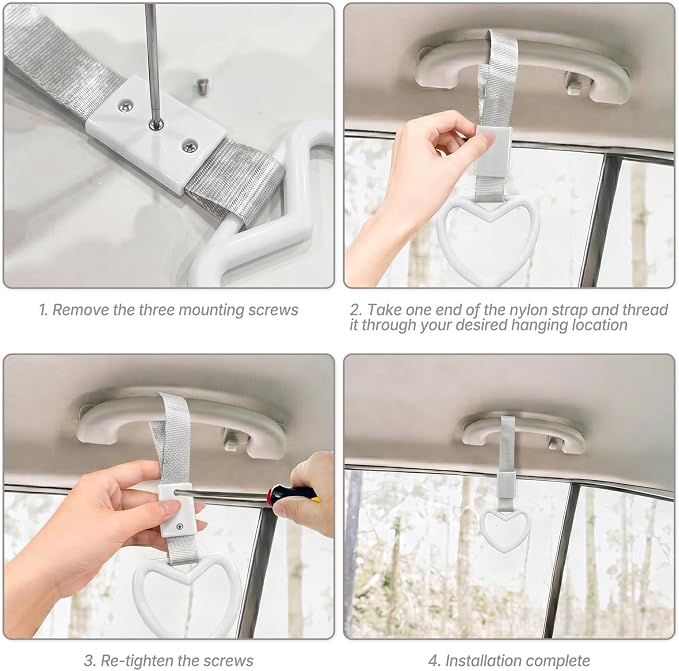 2 Pcs Heart Shaped Car Handle Strap – JD M Drift Charm Rear Bumper Warning Ring Decor for Car Interior Exterior, Subway Bus Handle Accessory, Cute Heart Car Decor Gift for Drivers (White-Silver)
