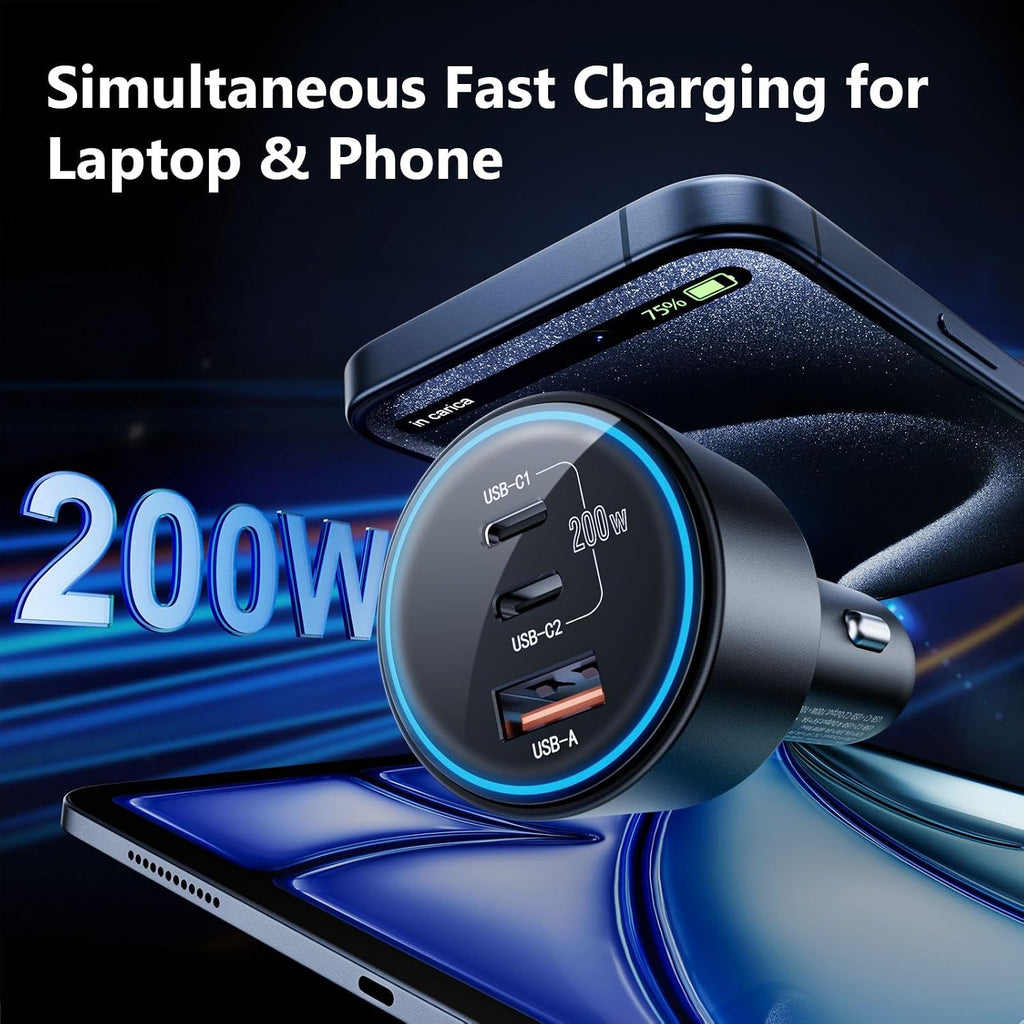 200W Dual USB-C Car Charger — Super-Fast PD Charging Adapter