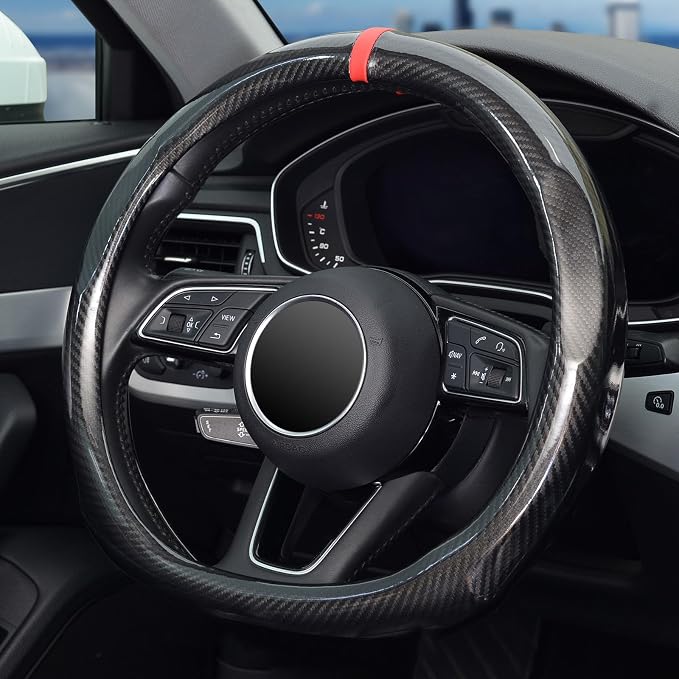 Steering Wheel Cover Carbon Fiber, D Shaped Car Wheel Cover 14 1/2-15 in (37-39 cm), Black