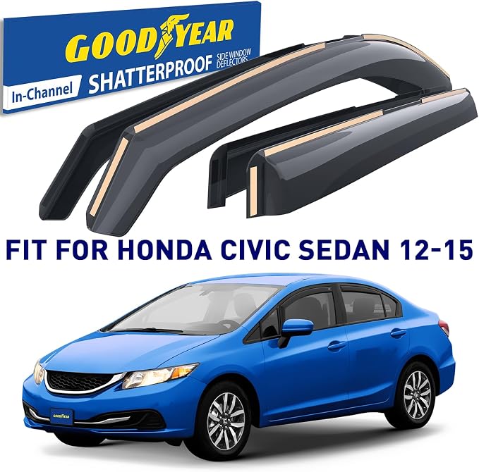 Goodyear Shatterproof in-Channel Window Deflectors for Honda Civic 2012-2015 Sedan, Rain Guards, Window Visors for Cars, Vent Deflector, Car Accessories, 4 pcs - GY007996