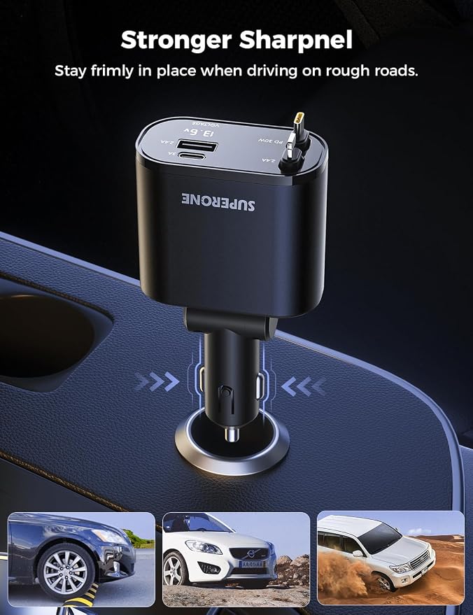 [Upgraded] Retractable Car Charger 4 in 1, Fast Car Phone Charger with Cord 2.6ft, USB C and Apple Car Adapter, Compatible with iPhone 17 16 15/15 Pro Max/14/13/12/11, Galaxy, Pixel
