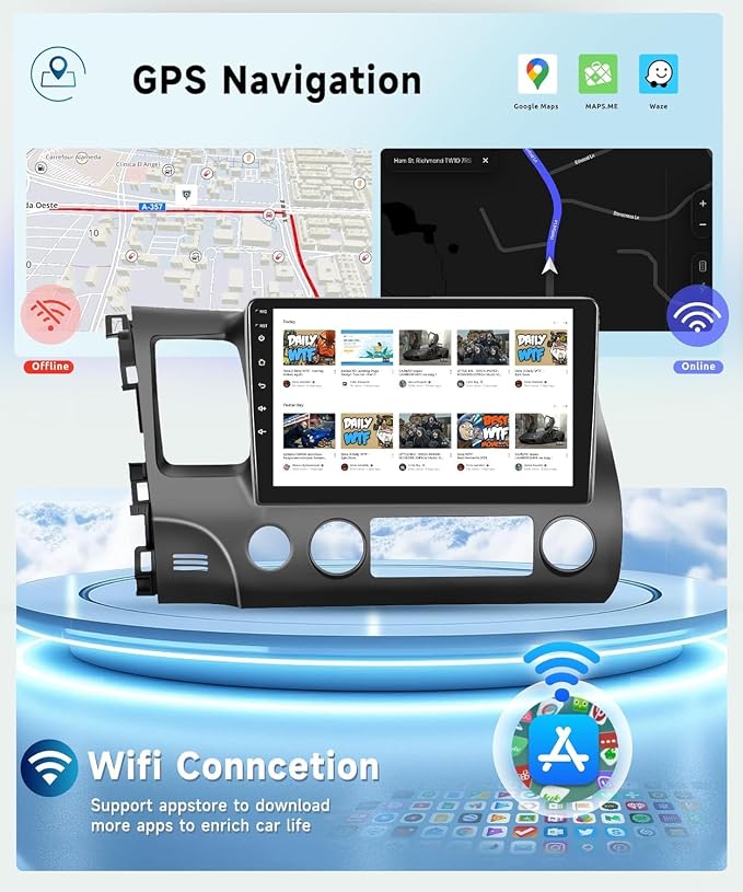 8 CORE 4G+64G Car Radio Stereo for Honda Civic 2006-2011 with Wireless CarPlay/Android Auto, 10.1 Inch 1280 * 720P IPS Touch Screen Android 13 GPS WiFi Bluetooth 32-Band DSP HD Rear Camera