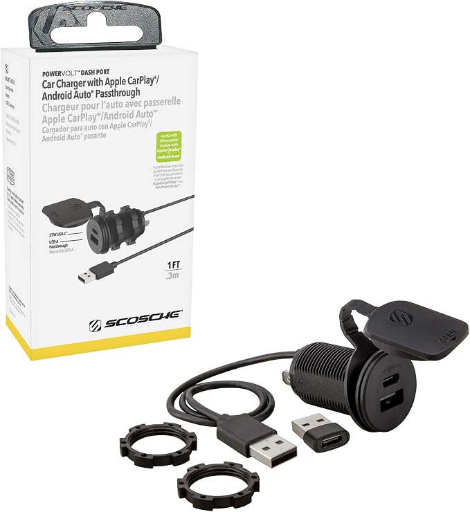 CPPDRLK-SP PowerVolt 27W Dash Port USB PD 3.0 Type-C Car Charger Compatible w/ Apple CarPlay & Android Auto Passthrough with USB-A to USB-C Adapter, Charger Socket for Car, Truck, Motorcycle