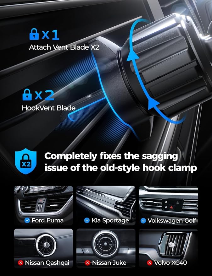 Car Phone Mount, Phone Holders for Your Car [Thick Cases Friendly] Car Vent Phone Holder & Metal Hook Truck Jeep Accessories for iPhone 17 Air Pro Samsung Google and All 4-7'' Phone