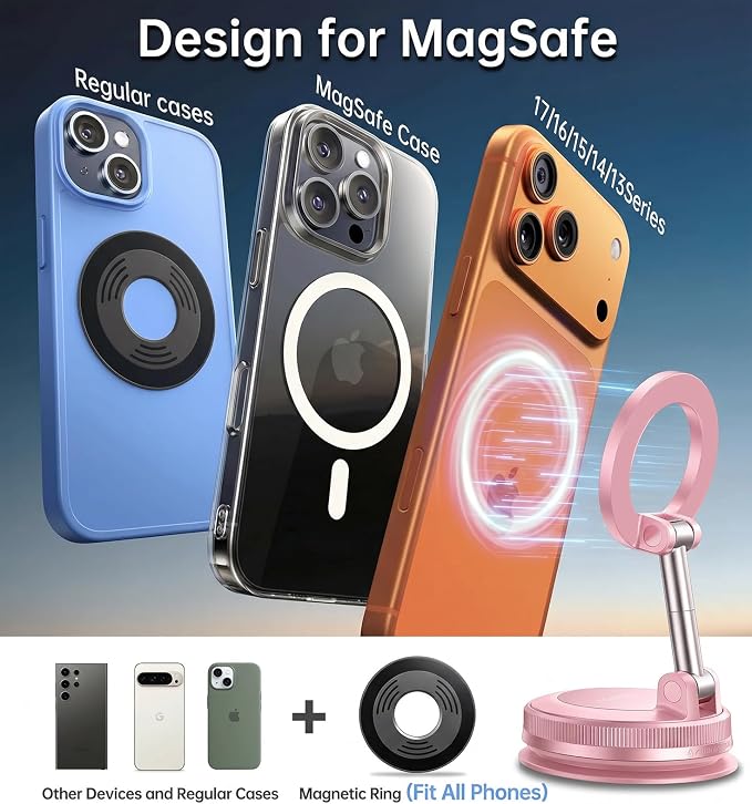 【Newest Vacuum Magnetic Phone Holder for Car Phone Holder Mount【Movable Vacuum Suction】 Magsafe Car Mount Cell Phone Holders for Your Car Accessories for Women Men for iPhone 17 16-Light Pink