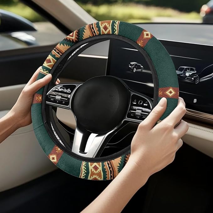 Car Steering Wheel Cover for Women Men, 15 Inch Soft Neoprene Stretch Anti-Slip Washable Car Accessories Universal Fit for Sedans SUV, Southwest Aztec Brown Green