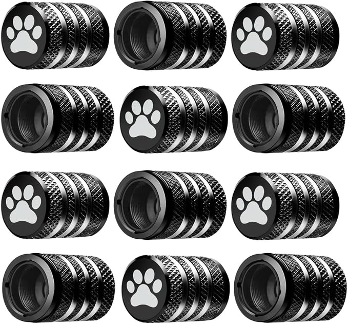 Tire Valve Stem Caps Cover - (12 Pack) Tire Air Caps Metal with Plastic Liner Corrosion Resistant Leak-Proof Dog Paw Print for Car Truck Motorcycle Bike Black